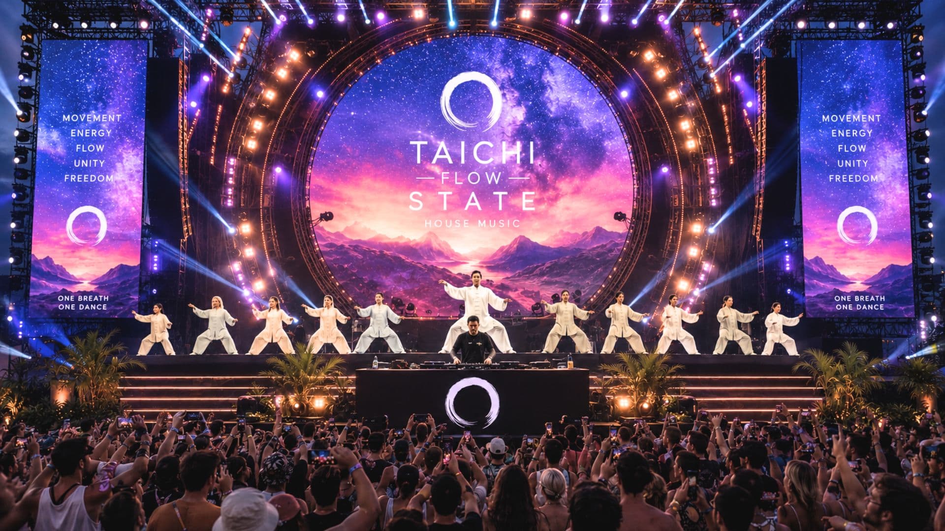 Tai chi performers on stage at the Arena of Mastery